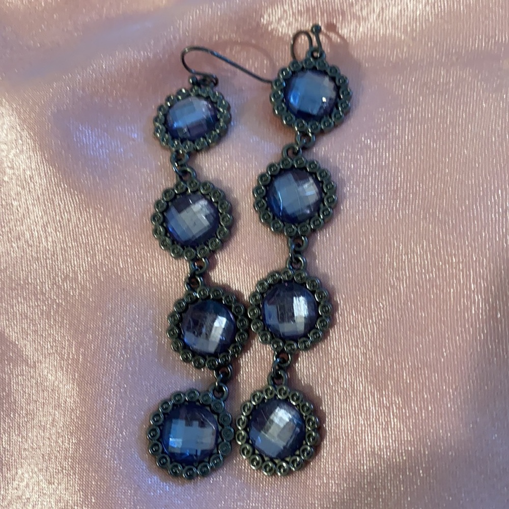 PURPLE RHINESTONE STUD SILVER TONE BASE DROP EARRINGS